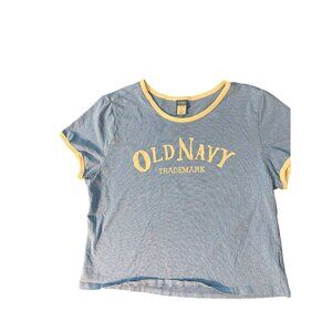 Old Navy Blue Graphic Cropped T Shirt White Trim Spellout Crew Neck Size Large